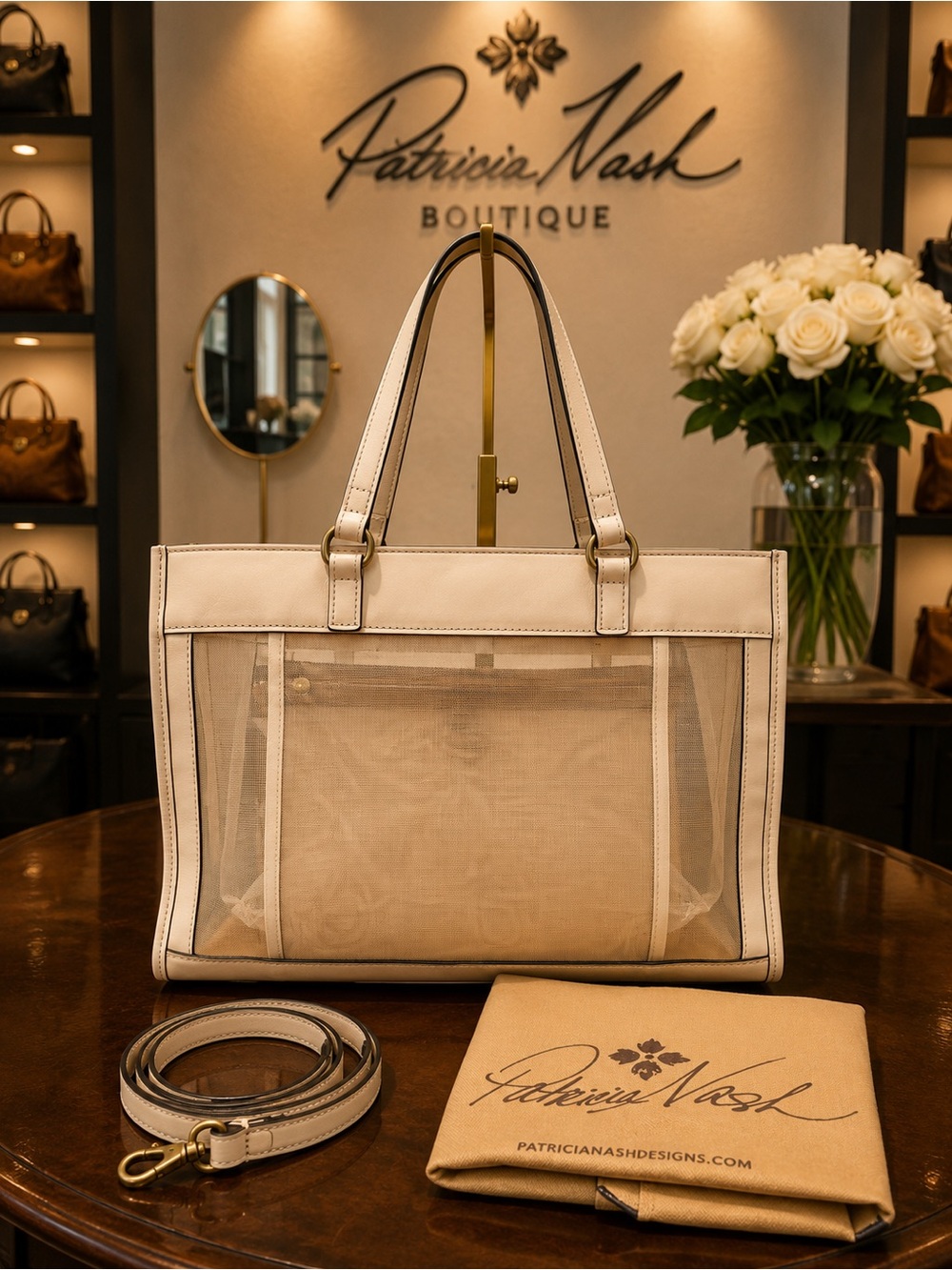 Patricia Nash Ivory Floral Cutwork Leather Tote with Tassels - Picture 3 of 10